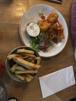 Buffalo cauliflower and side of fries  at Stereo in Glasgow