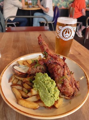 Fish & chips and a local lager at Stereo in Glasgow