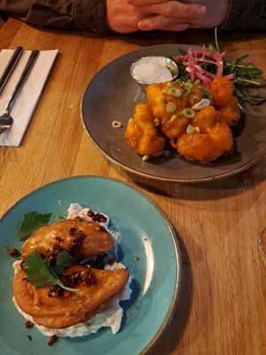 Mushroom pierogi (INCREDIBLE) and buffalo cauliflower which was great as always at Stereo in Glasgow