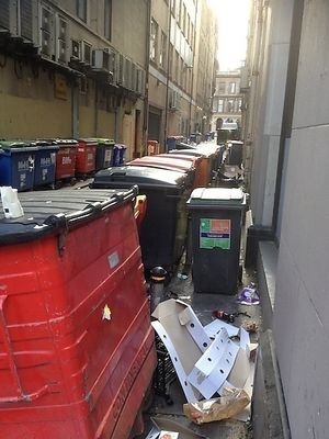 Step cautiously past these bins to find the Stereo cafe bar at Stereo in Glasgow