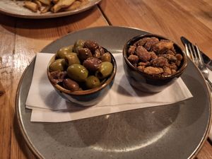 Olives and salted almonds at Stereo in Glasgow