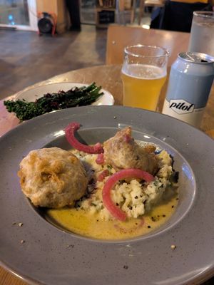 Vegan haggis bonbons with mash and side of  broccoli at Stereo in Glasgow