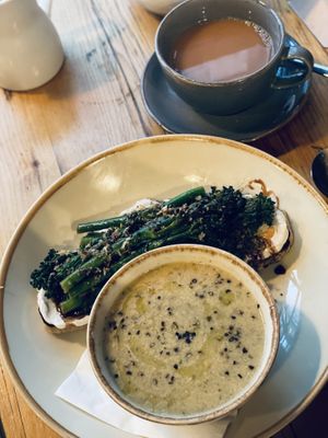 Open face sandwich with chowder soup  at Stereo in Glasgow