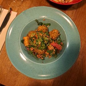Nam Khao - a warm Laotian salad of deep-fried green chilli, lime leaf and coriander rice balls with crispy shallots, 
pickled tempeh, basil, coriander, and mint - AMAZING at Stereo in Glasgow