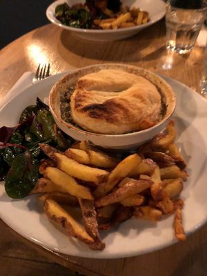 Mushroom and spring vegetable pie with chips at Stereo in Glasgow