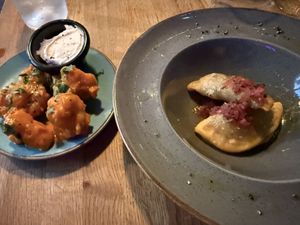 The buffalo cauliflower and the mushrooms pierogi   at Stereo in Glasgow