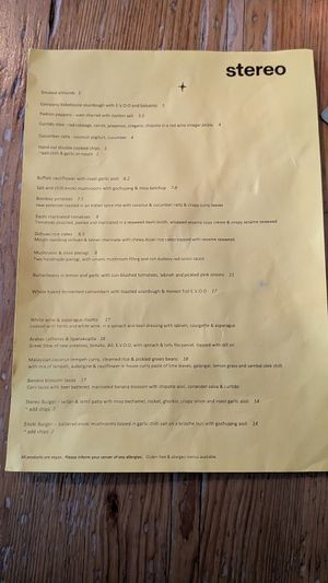 Menu at Stereo in Glasgow