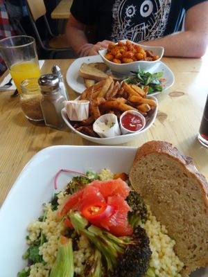 Tasty food (Gnocchi, fries and rice bowl) at Stereo in Glasgow