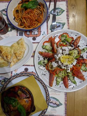 Large Greek salad, tomato pasta and eggplant parmigiana at Frankie's in Sorrento