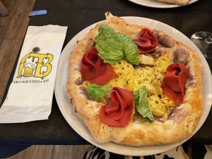 Creamy (potato) base, vegan ham, added artichokes.  at Frankie's in Sorrento