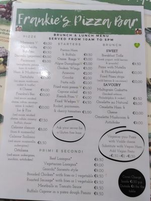 menu - you can make any pizza vegan at Frankie's in Sorrento