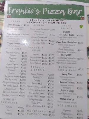 menu with loads of vegan options at Frankie's in Sorrento