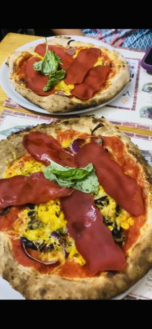 Pizza sombrero with vegan ham added  at Frankie's in Sorrento