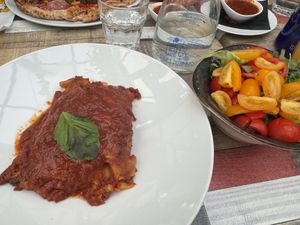 Vegan lasagne with salad  at Frankie's in Sorrento