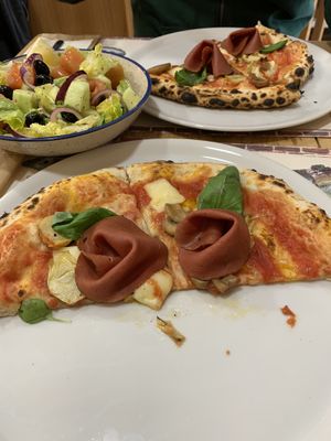 Pizza with vegan my mozzarella, mushrooms, artichokes and vegan ham  at Frankie's in Sorrento