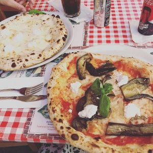 Pizza Sicily with vegan mozzarella, vegan ricotta and aubergine  at Frankie's in Sorrento