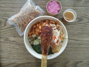 Haitian bowl with jackfruit drumstick! at Voodoo Vegan in Brussels