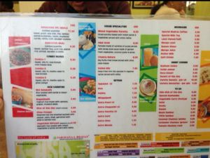 menu at Saravana Bhavan in Sunnyvale