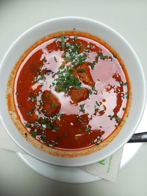 Smoked goulash soup with marinated soy at Flow Specialty Coffee Bar & Bistro in Budapest