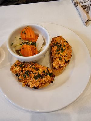 Tofu spicy cottage cheese "kőrözött", fried sourdough baguette, pickled veggies at Flow Specialty Coffee Bar & Bistro in Budapest