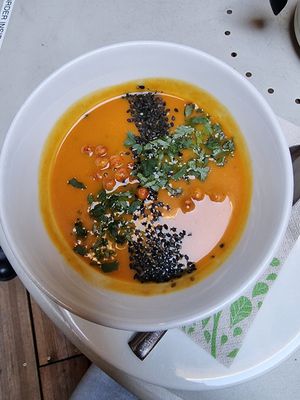 Curried butternut squash creamsoup at Flow Specialty Coffee Bar & Bistro in Budapest