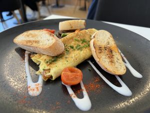 Omelette made from chickpeas  at Flow Specialty Coffee Bar & Bistro in Budapest