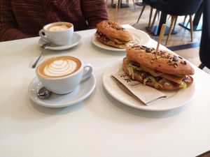 sandwich omellet and flat white at Flow Specialty Coffee Bar & Bistro in Budapest