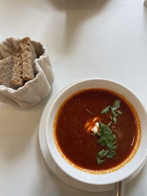 Vegan goulash with sourdough bread  at Flow Specialty Coffee Bar & Bistro in Budapest