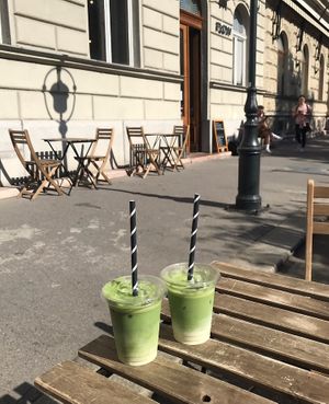 Iced matcha lattes with sproud milk (made from peas)  at Flow Specialty Coffee Bar & Bistro in Budapest