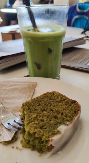 Matcha Bread and Iced Matcha Latte(with oat milk) at Flow Specialty Coffee Bar & Bistro in Budapest