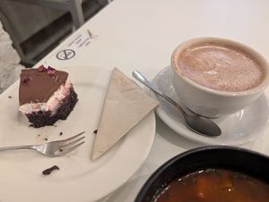 Hot chocolate and black forest cake at Flow Specialty Coffee Bar & Bistro in Budapest
