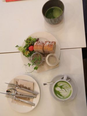 Vegan porcini and truffle bruschetta, matcha tea and vegan matcha latte at Flow Specialty Coffee Bar & Bistro in Budapest