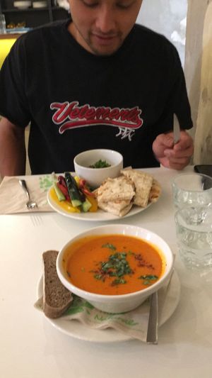 Soup of the day, and baba ghanouj with veggies and amazing pita.  at Flow Specialty Coffee Bar & Bistro in Budapest