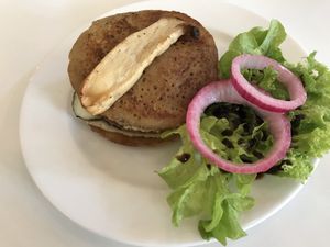 Vegan pancakes with hummus and “bacon" at Flow Specialty Coffee Bar & Bistro in Budapest