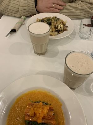 mushroom pasta & chai w/ oat milk at Flow Specialty Coffee Bar & Bistro in Budapest