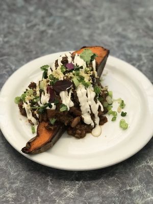 Chili Smothered Baked Sweet Potato (oil/gluten/soy free) at One Grub Community in El Paso