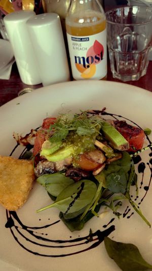 Pesto stack with two hash browns at Cafe 4U in Whakatane