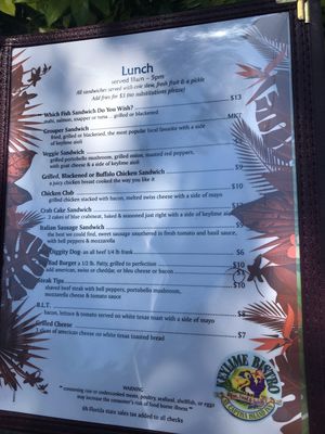 Lunch menu at Keylime Bistro in Captiva