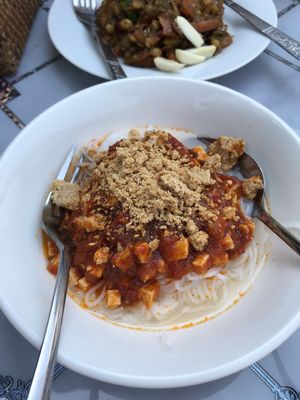 Vegan Shan noodles with tofu  at Sue's Kitchen in Mawlamyine