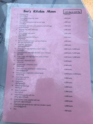 Menu  at Sue's Kitchen in Mawlamyine
