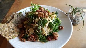 Vegan pad thai bowl with tempeh. at Cafe Bliss in Victoria