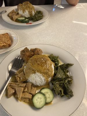 Rendang set ( with jackfruit and faux chicken) . Got some tempeh on the side.   at Padang Vegan Damai in Yogyakarta