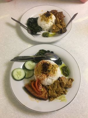 Paket 2 and Paket 5 (my boyfriend gave me his cucumbers)  at Padang Vegan Damai in Yogyakarta