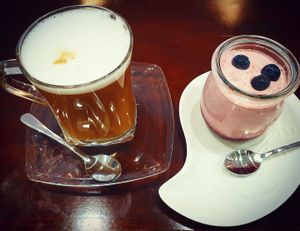 Vegan dessert and coffee with rice mylk. Photo by: Pizzerija Na vasi at Pizzerija Na Vasi in Recica Ob Savinji