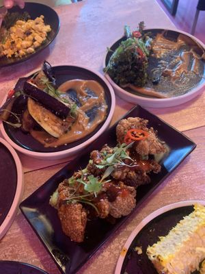 Corn, tenderstem broccoli, aubergine peanut butter, Buddha fries   at Viet Shack in Manchester