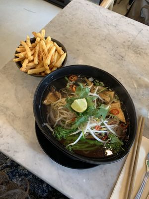 Pho Chay & fries (vegan and gluten-free)  at Viet Shack in Manchester