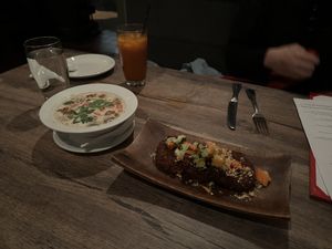 Tod mon puk, tom kha tofu, thai iced tea with almond milk  at Chatayee Thai in Philadelphia