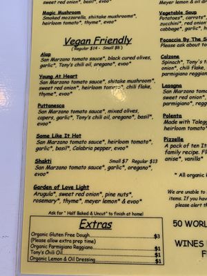 Great vegan menu options  at Tony Tutto Pizza in Ross