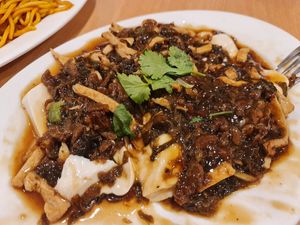 Silken tofu with preserved veg at Tian Ci Vegan in Darlington