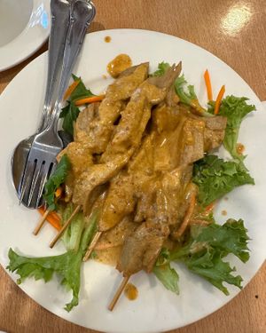 Satay chicken skewers entree, sauce was so yummy   at Tian Ci Vegan in Darlington